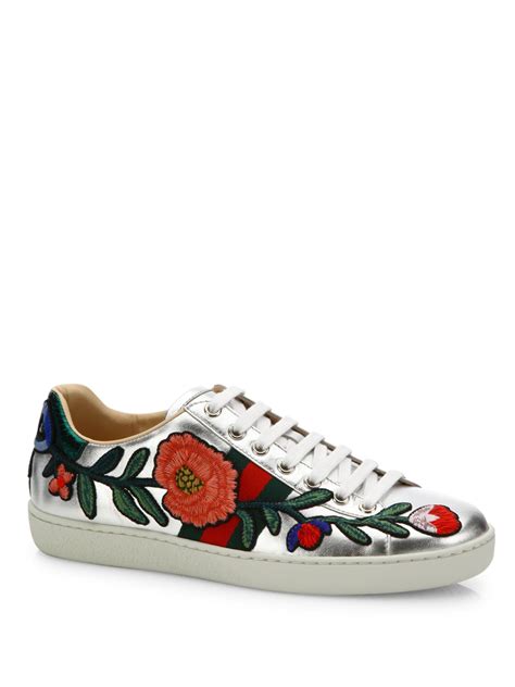 gucci white and red flowers sneakers|Gucci ace metallic snakeskin sneakers.